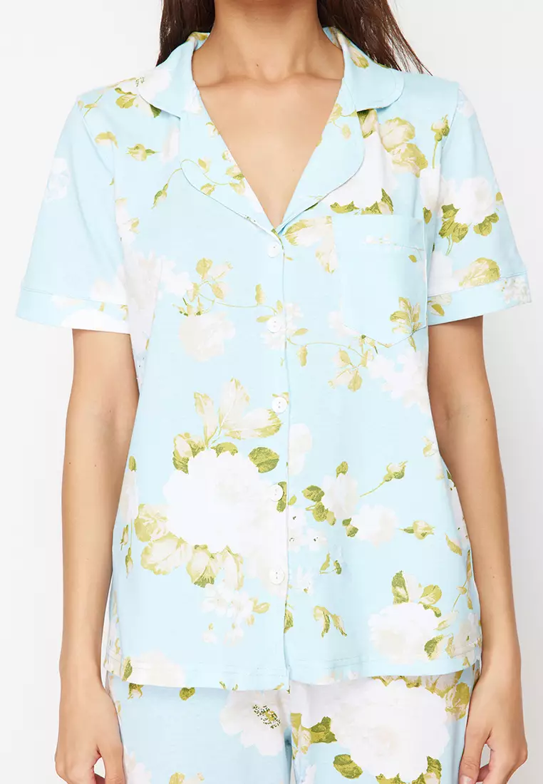 Blue 100% Cotton Floral Patterned Knitted Pajama Set