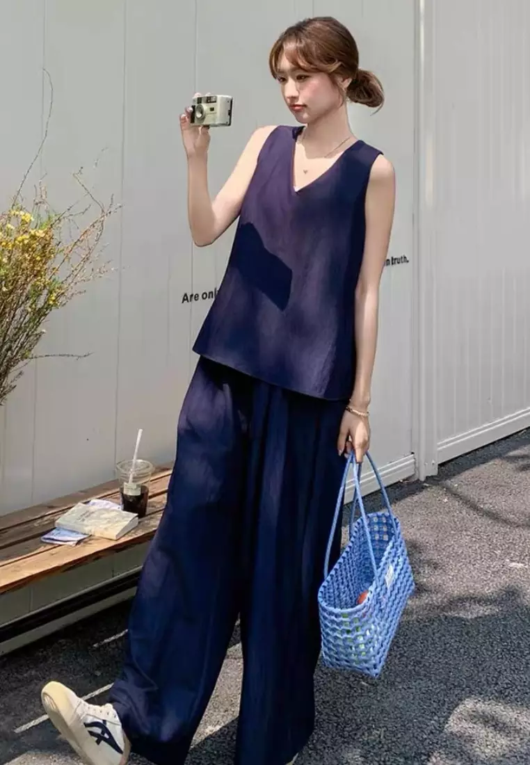 Navy blue sleeveless top and wide-leg pants set CA26041051BL