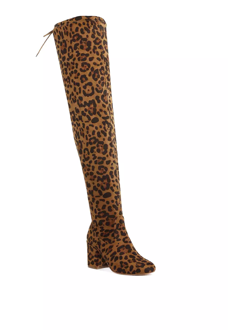 Minimal Drawstring Detail Knee-High Boots in Leopard