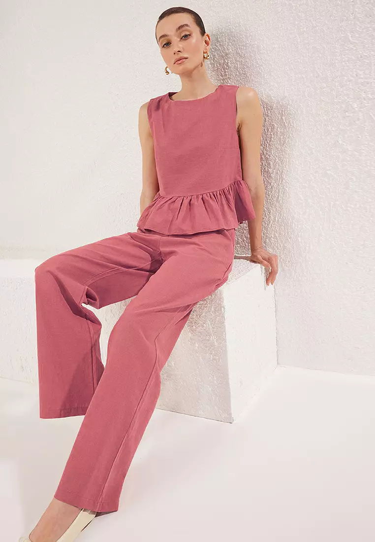 Pink Linen Look Crew Neck Blouse and Trousers Woven Double Bottom-Top Set TWOSS25AU00081
