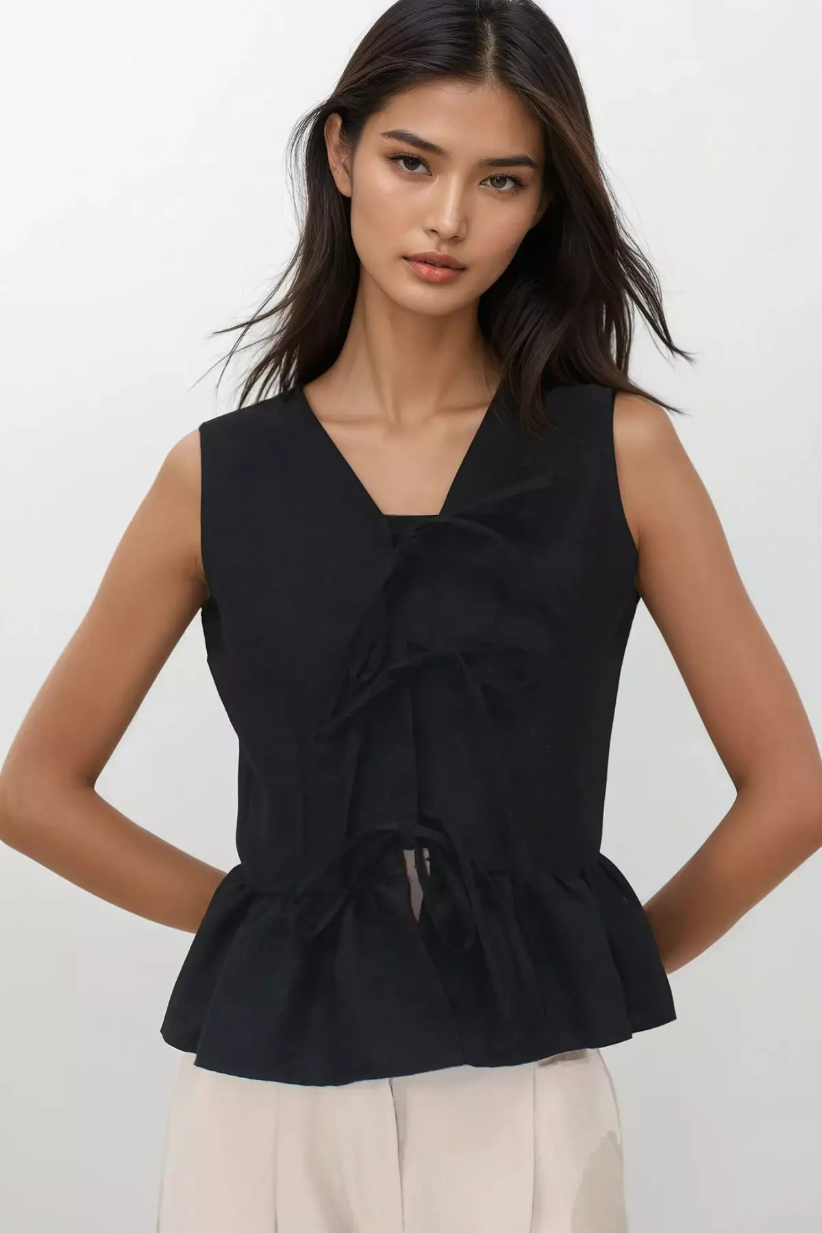 Cotton V-Neck Bow Top