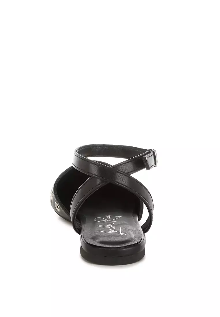 Metallic Eyelet Detail Flat Sandals In Black