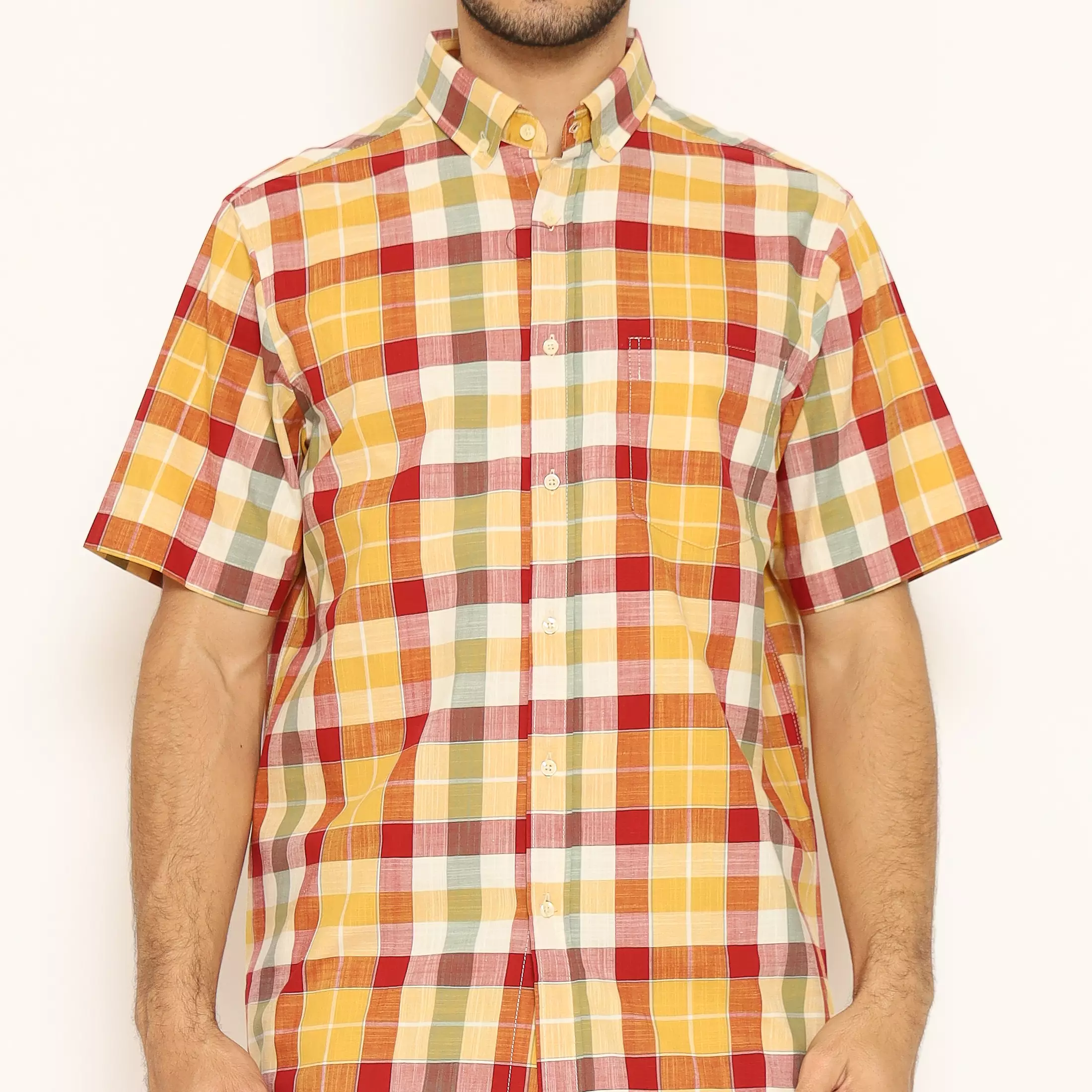 Lawell Kemeja Pria Lengan Pendek Kotak-Kotak Regular Fit warna Mustard – JETRO