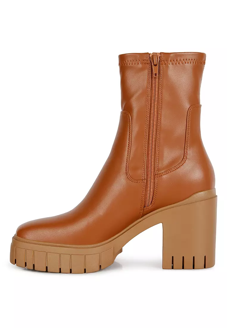 黃褐色人造皮革厚底高跟踝靴