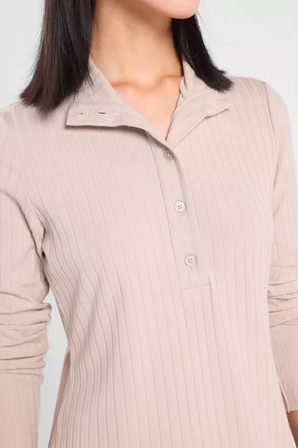 Minimal - Ribda - Rib Dress Lengan Panjang - Beige Warna Beige