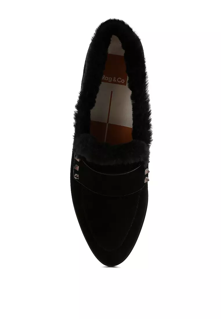 Fur Trim Suede Loafers in Black