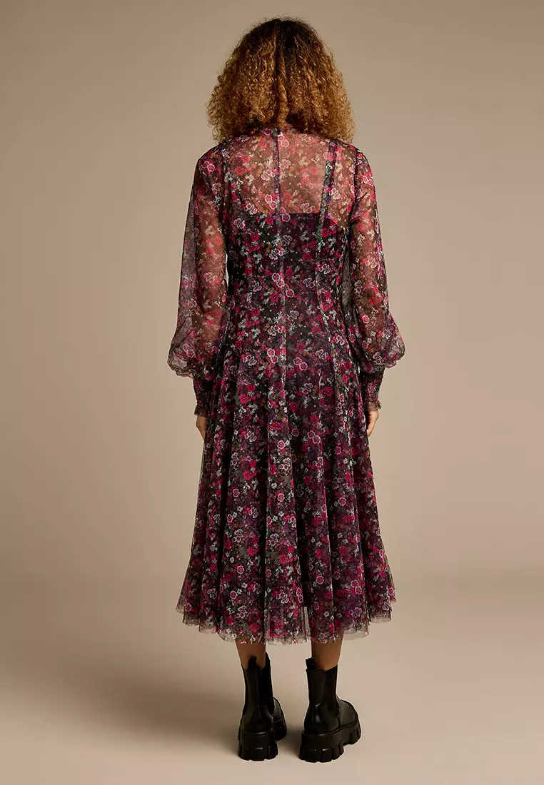 Barbara Frances Ditsy Floral Print Mesh Maxi Dress
