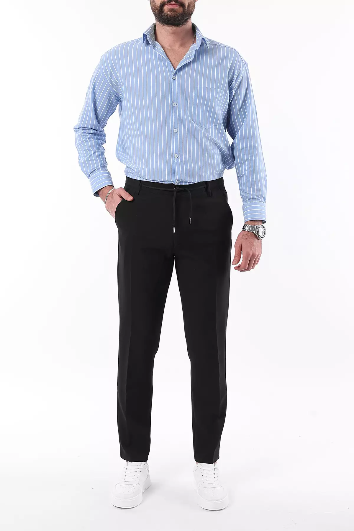 Black Slim Fit Elastic Fabric Woven Trousers With Tie Waist Detail Tmnaw25Pl00027