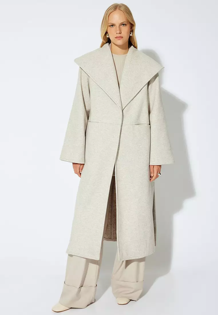 Buy KOTON Extra Long Cashmere Coat Wide Shawl Collar Pocket Side - Main Image