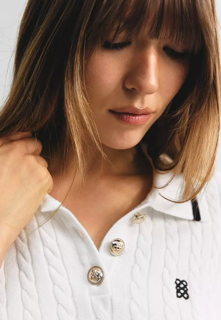 Cable Knitted Polo Top with Silver Hardware Detail - White