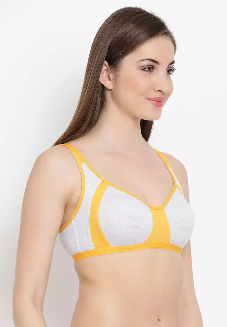 Clovia Supportz Non-Padded Non-Wired Colorblocked Full Coverage Bra in Yellow & Grey - Cotton