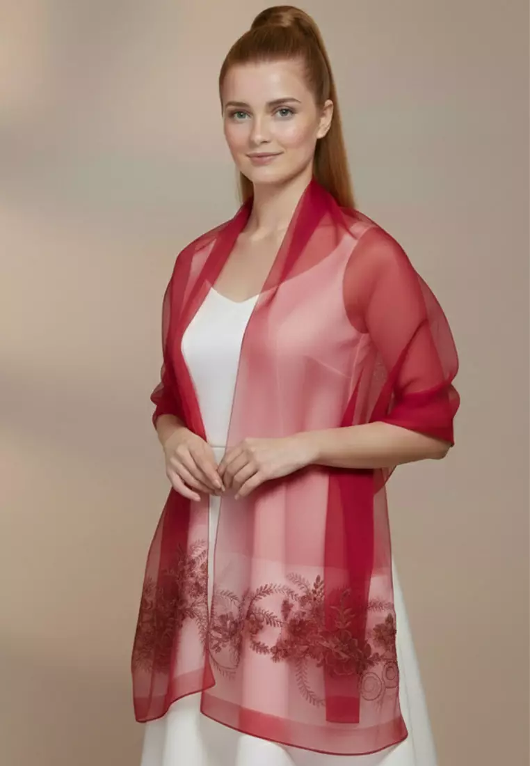 Golden Thread Embroidery Camelia Floral Silk Shawl Syal Sutra Wanita Deep Red