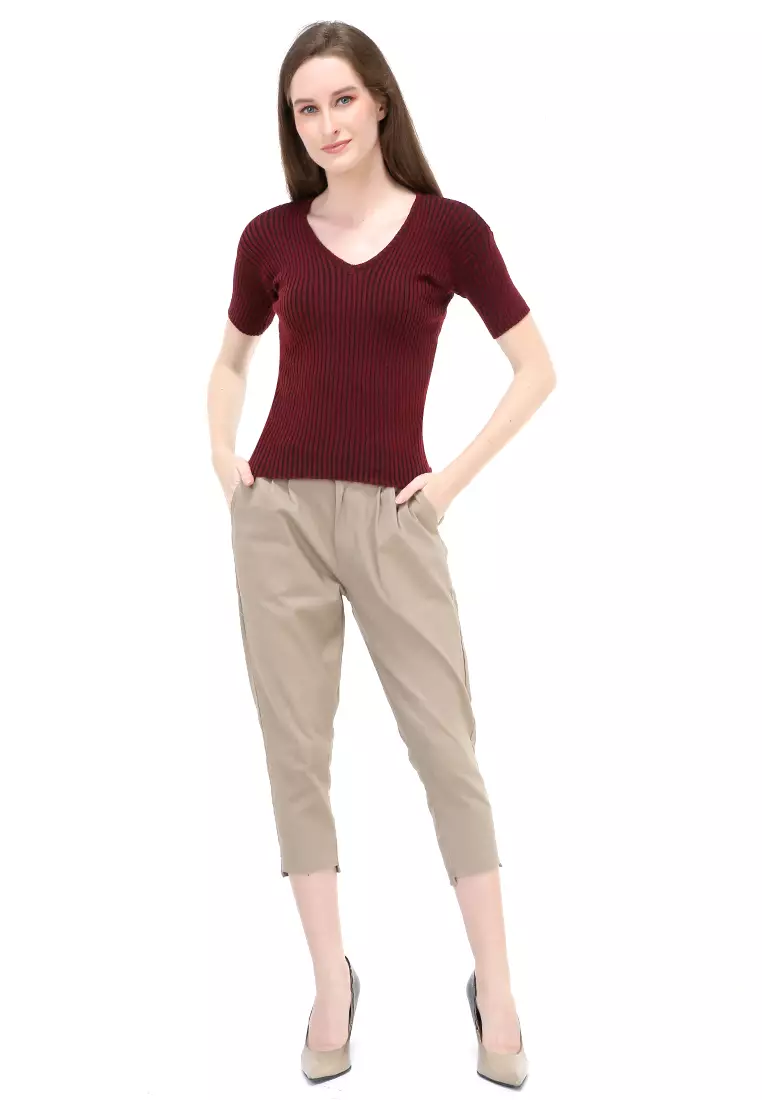 Amora Vneck Rajut Short Sleeves Atasan Casual Wanita - Maroon