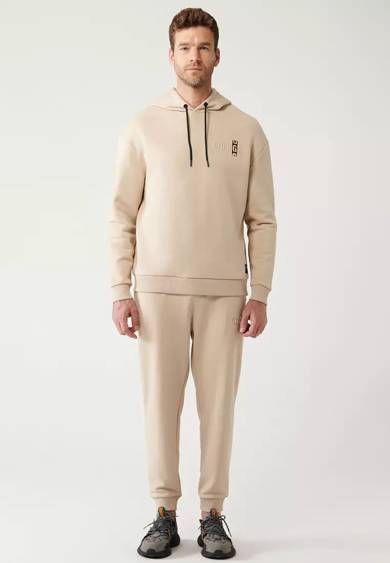 Men's Beige Hooded 3 Thread Raised Sweatshirt A32Y1190