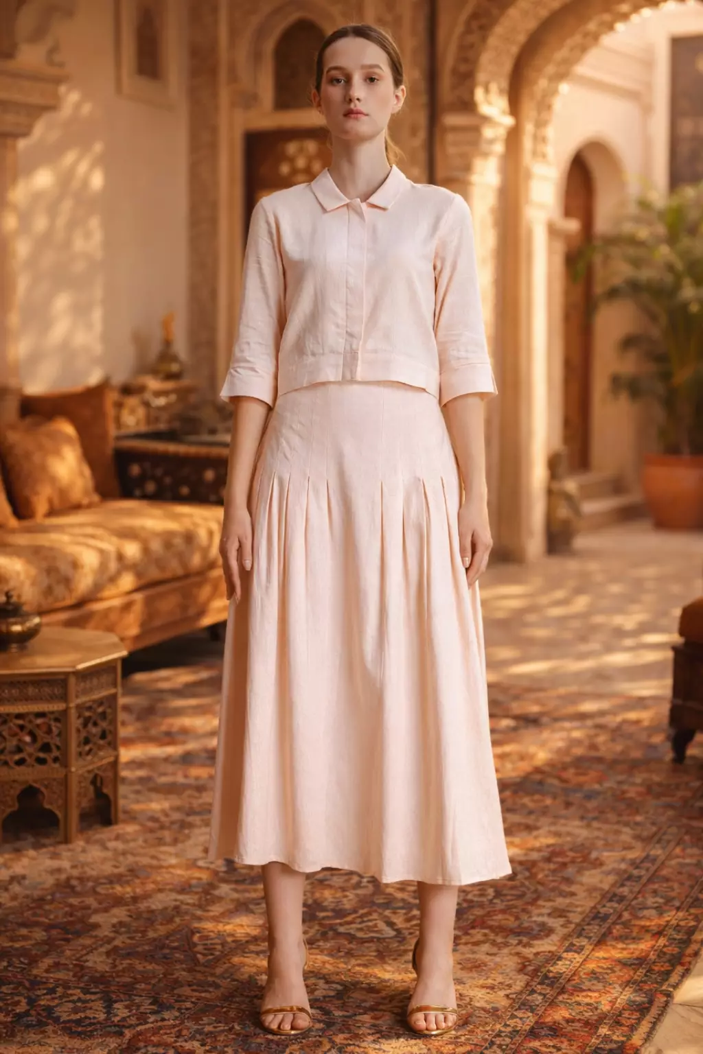 Essentials Cropped One Set Linen Top & Pleated Skirt Set Pink (One Set Shirt & Skirt)