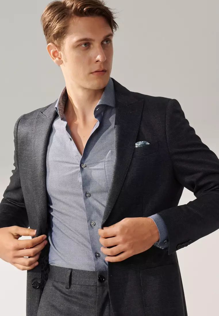 Gray-blue Check Slim Stretch Jersey Blazer