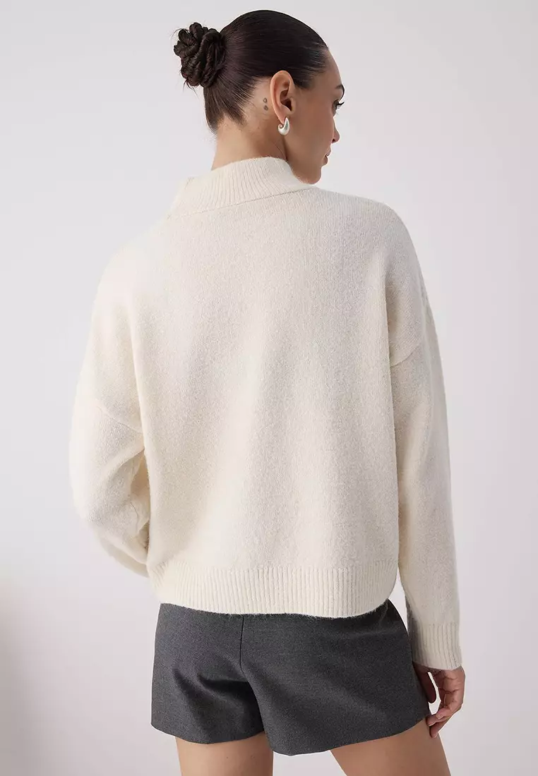 Stone Alpaca Wool Blended Premium/Special Yarn Wide Fit Basic Knitwear Sweater