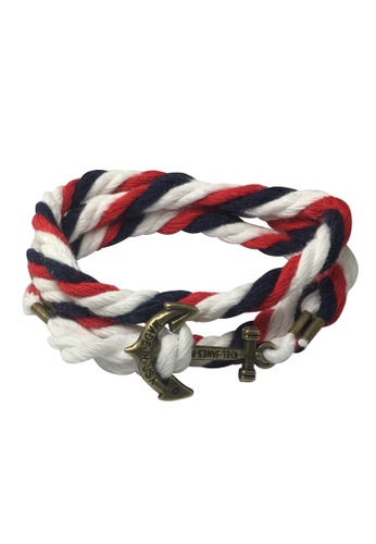 Splice Cufflinks white and red and blue Kedge Series Navy Blue, Red and White thick Nylon Strap Brass Anchor Bracelet SP744AC55XJGSG_1