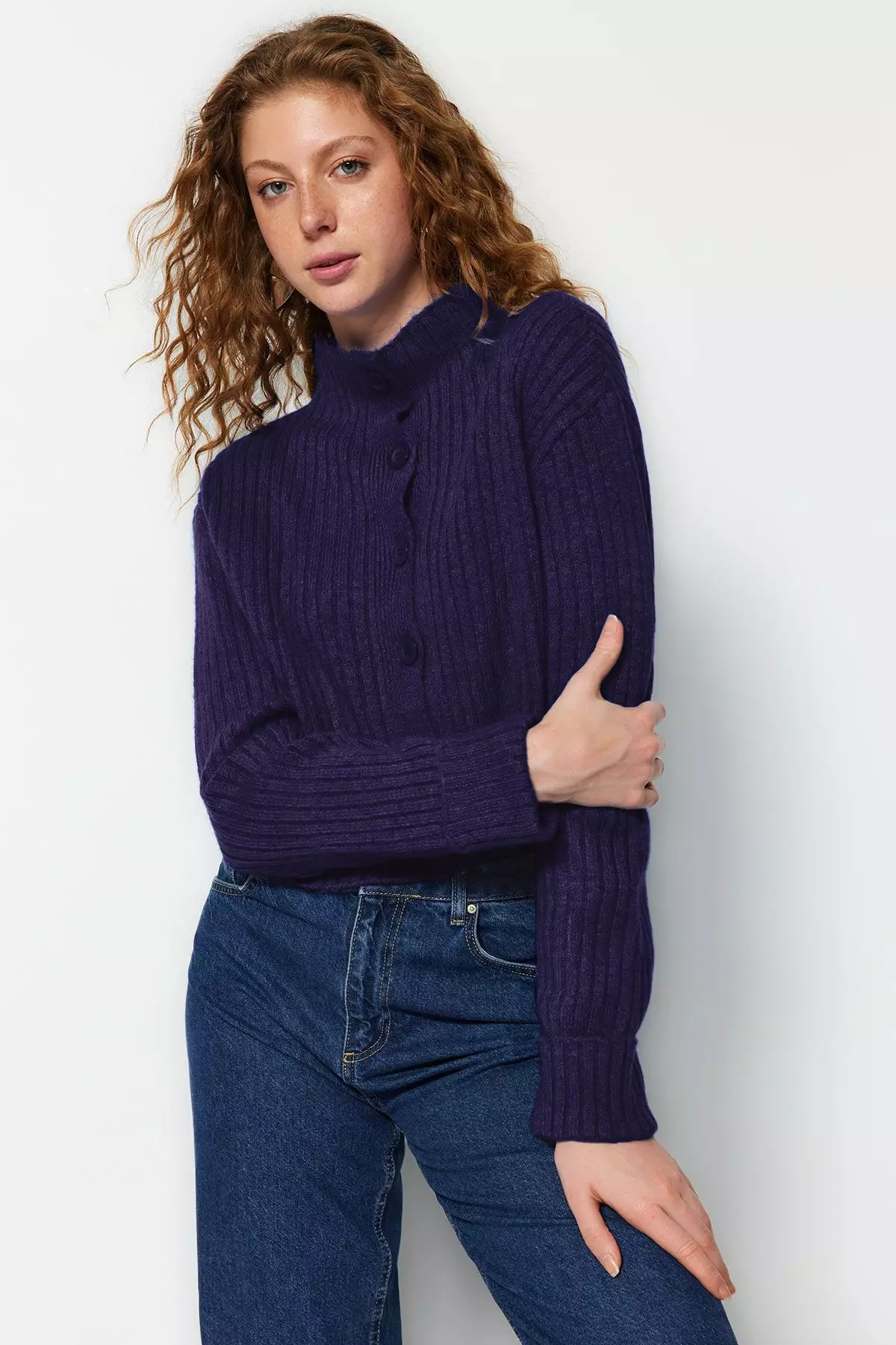 Navy Blue Crop Soft Textured Stand Collar Knitwear Cardigan