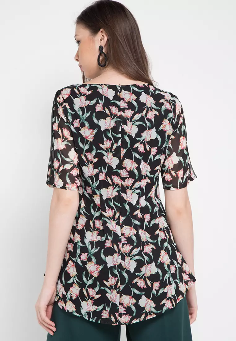 Peplum Blouse with Flower Motif