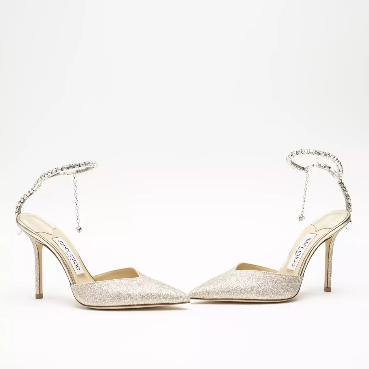 Saeda 100 Glitter Fabric Crystal Chain Ankle Strap Heels Platinum Ice