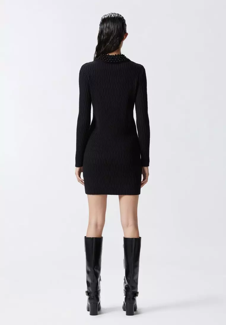 Knit mini dress with bejewelled collar