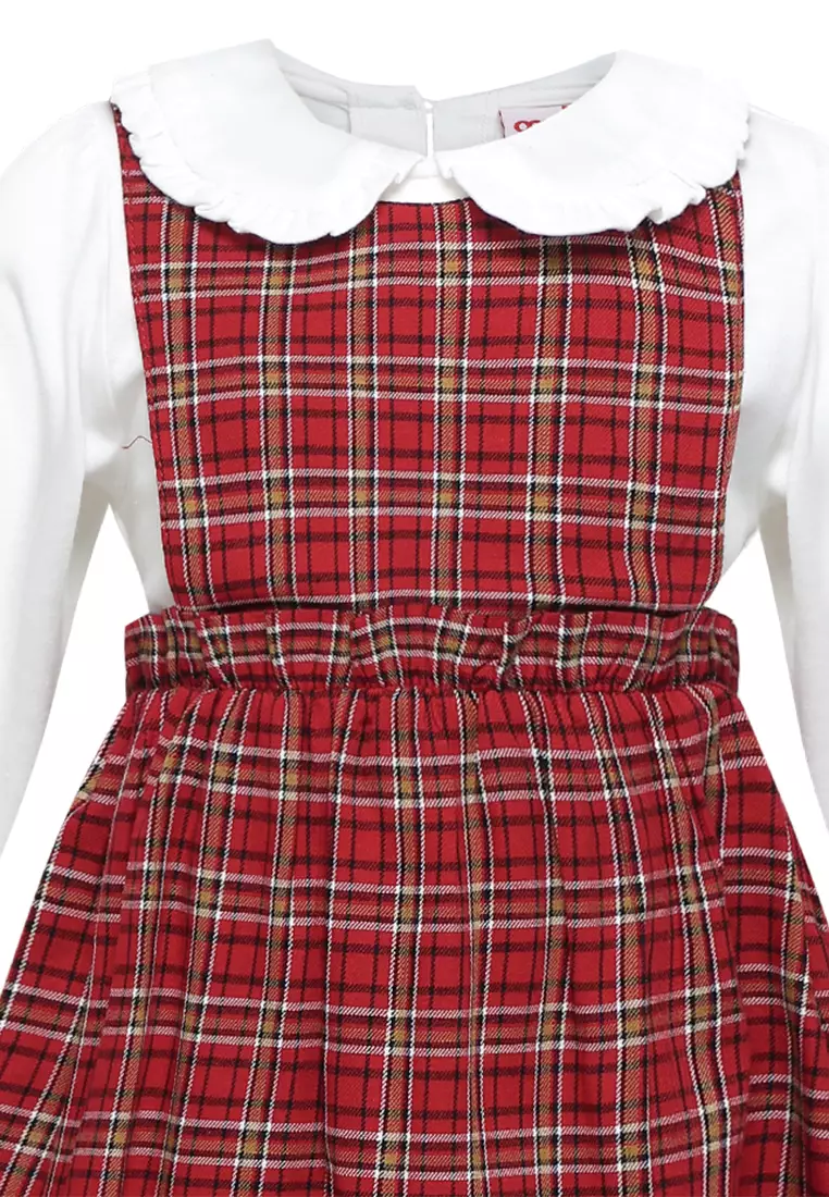 Qna Girl Evadne Overall Dress Midi Anak Merah Motif Kotak