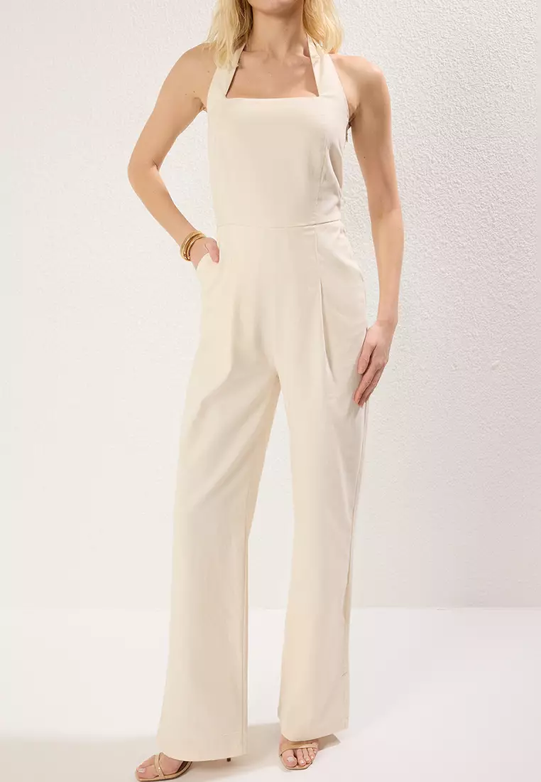 Stone Neck Tied Wide Leg Long Woven Overalls