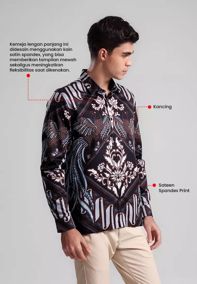 MANZONE - Kemeja Batik Lengan Panjang Pria Angsa Modern Fit - Navy Warna Navy