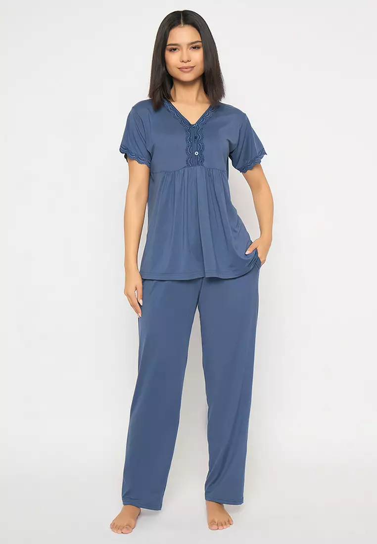 Clovia Peplum Top & Pyjama Set in Steel Blue