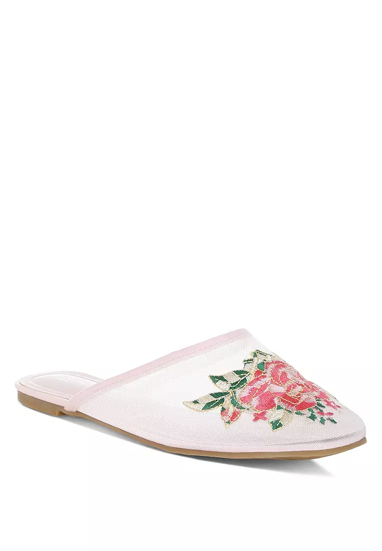 Floral Embroidered Mesh Mules in Pink