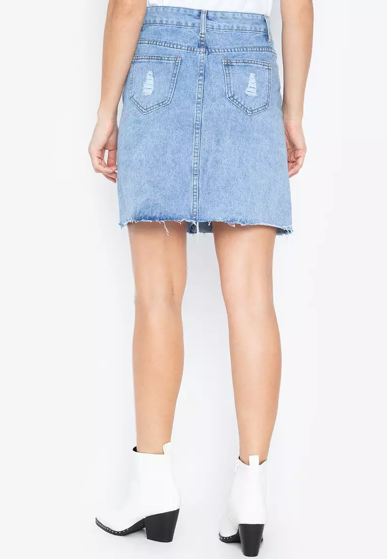 Distressed denim skirt on sale online