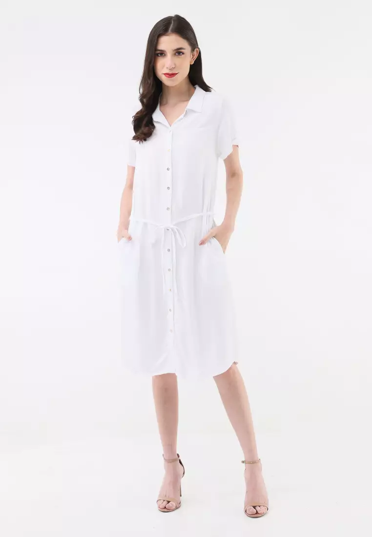 Woven Bold Twill Short Sleeves Collared Dress