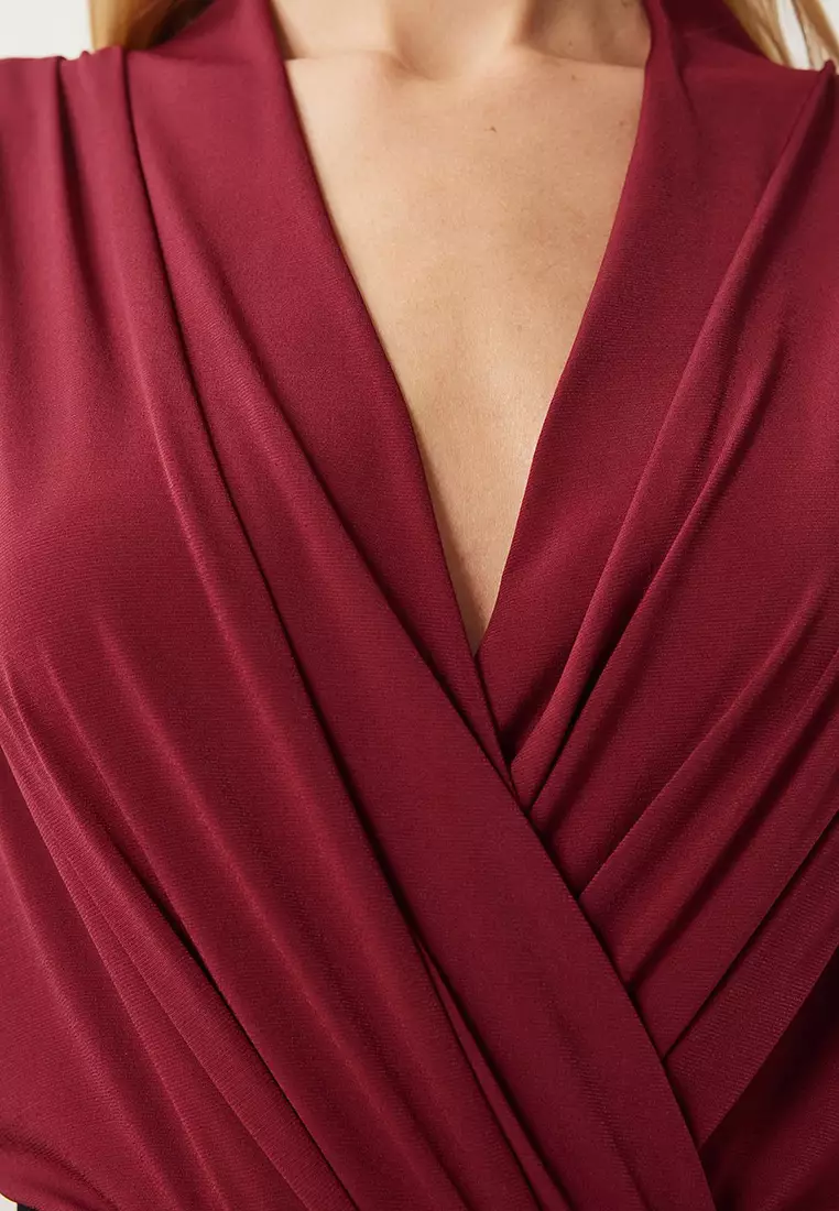 Women's Claret Red Wrap Collar Padded Snap Sandy Blouse Zh00039