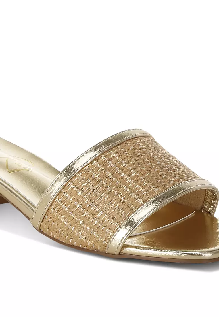 Raffia Slip On Sandals In Gold