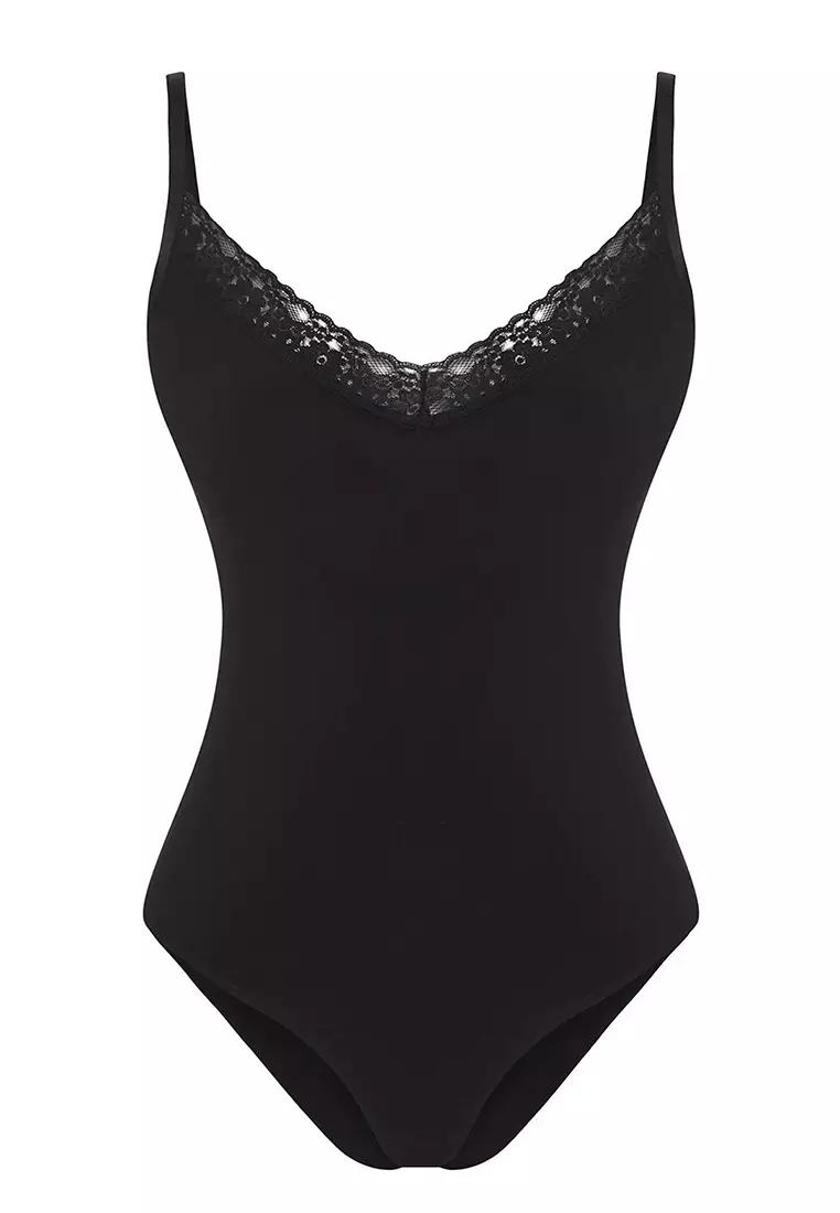 Black Strap Lace Detailed Knitted Bodysuit TPRSS25BD00016