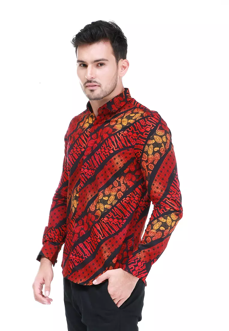 Dwan Kemeja Batik Pria Light Tops Atasan Formal Longsleeve Shirt Material Cotton ORIGINAL - Red