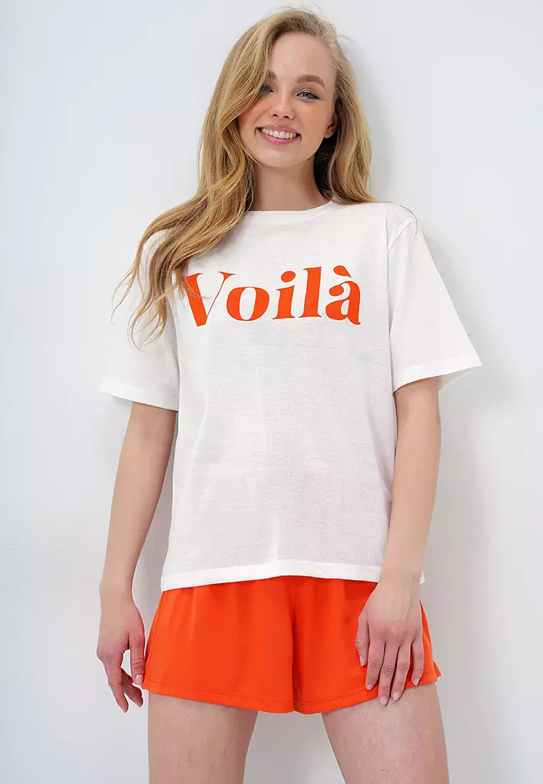 Women's Orange Front Text Printed Cotton Basic T-Shirt And Shorts Combed Cotton Bottom Top Set Pjm-X13902