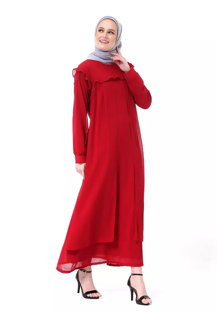 Syabrina Gamis Maxy Design Renda Fashion Muslimah Wanita High Quality - Maroon