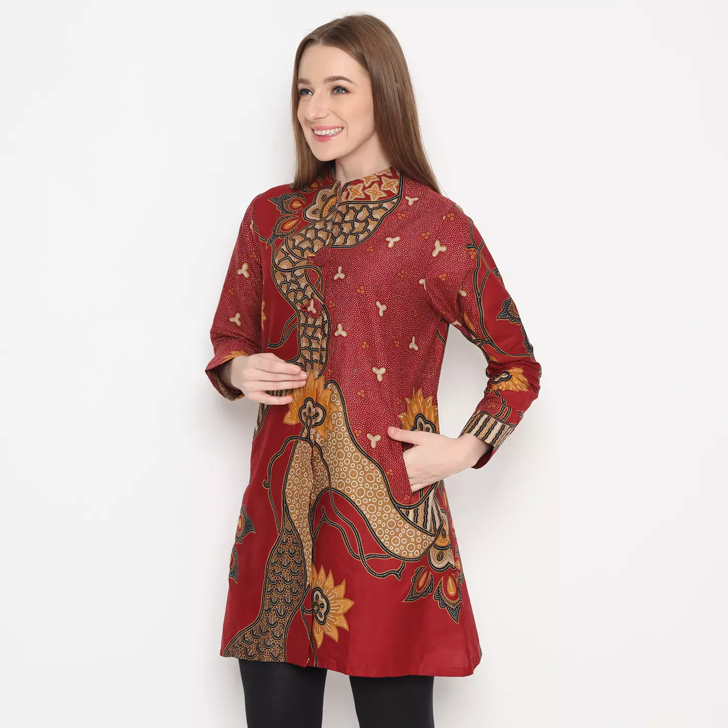 Tunik Batik Wanita Modern Tunik Kancing Lengan Panjang Warna Abu Motif Manikya