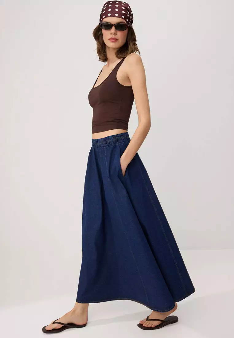Navy Blue Flared Maxi Denim Skirt Twoss26Et22
