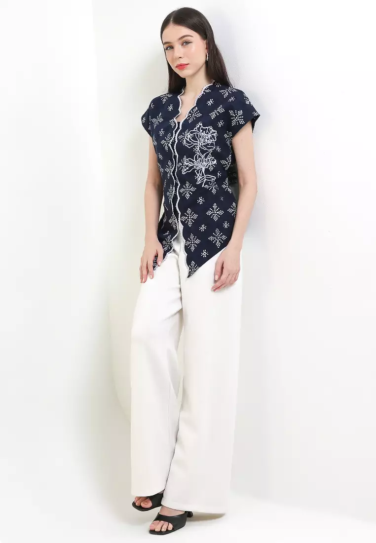 Blouse Batik Cap Dobby Atasan Wanita Spesial JFW Collection Binar Andara Katun Bordir Embro Navy