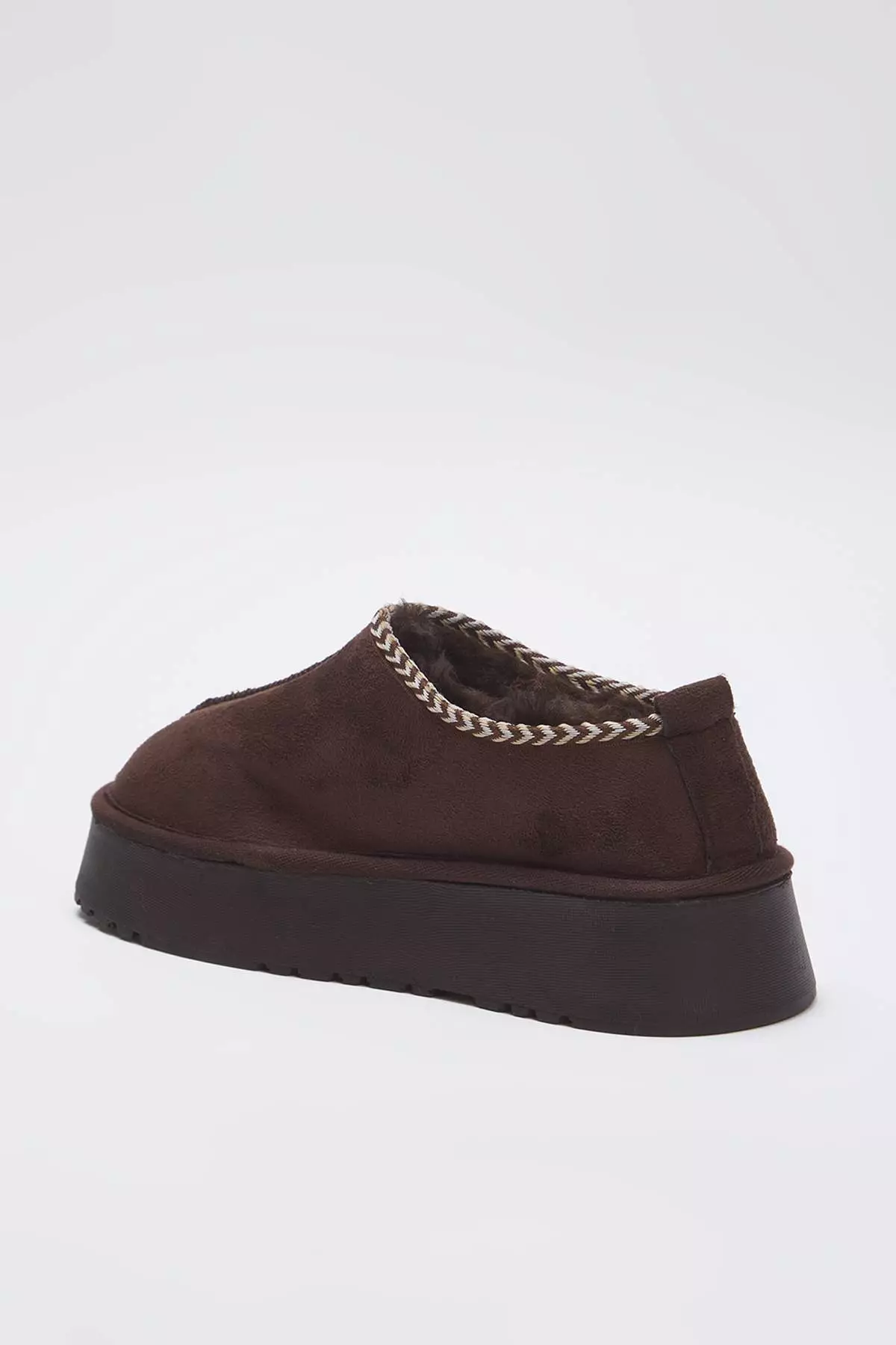 Dark Brown Embroidery Detailed Fur Lined Thick Sole Women'S Ankle Slippers Boots Takaw26Bo00003