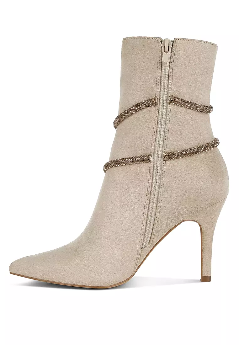 Rhinestone Wrap-Around Stiletto Boots in Beige