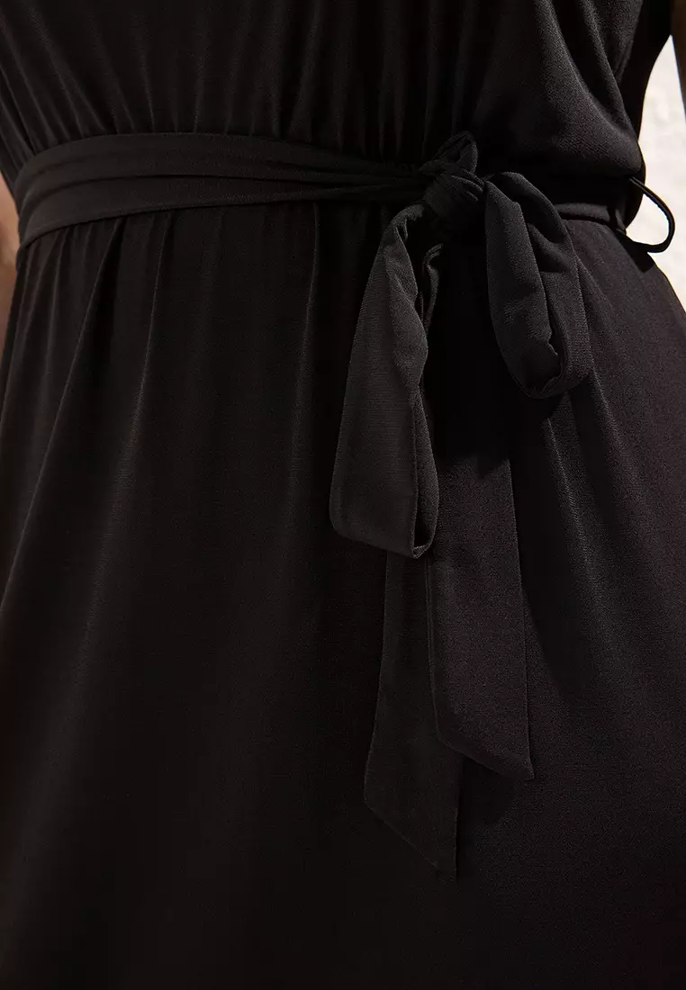 Black Tie Detail Midi V Neck Stretchy Knit Dress Tbbss25Ah00015