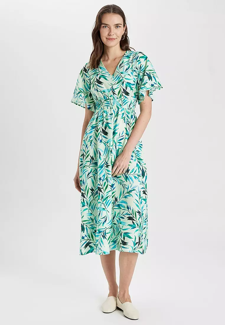 V-Neck Printed Midi Dress