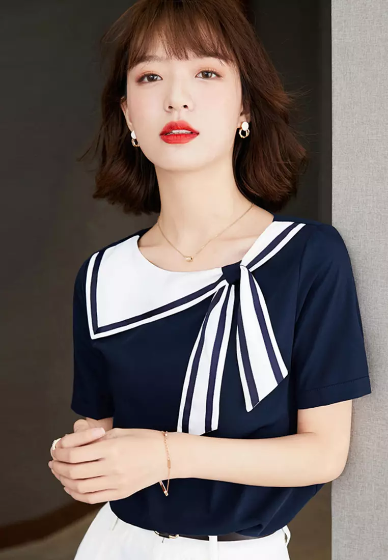 Western-Style Navy Blue Collar Loose Short-Sleeved Top A22022519BL