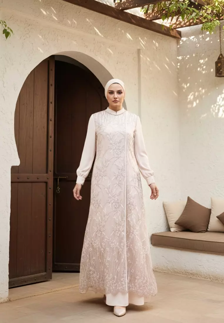 Dress Muslimah Lace Bordir Floral Premium Warna Cream – Tampil Anggun & Exclusive By Brilliant Girl Warna CREAM