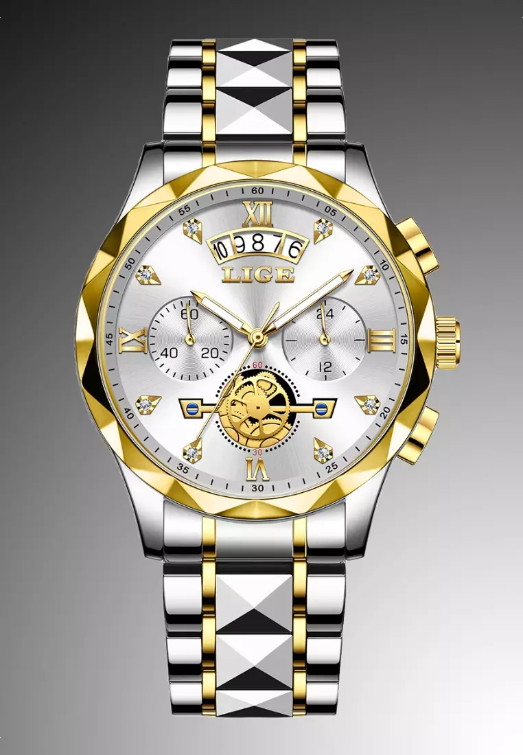 计时码表男女通用 IP 金色和不锈钢石英表，日期，不锈钢表带