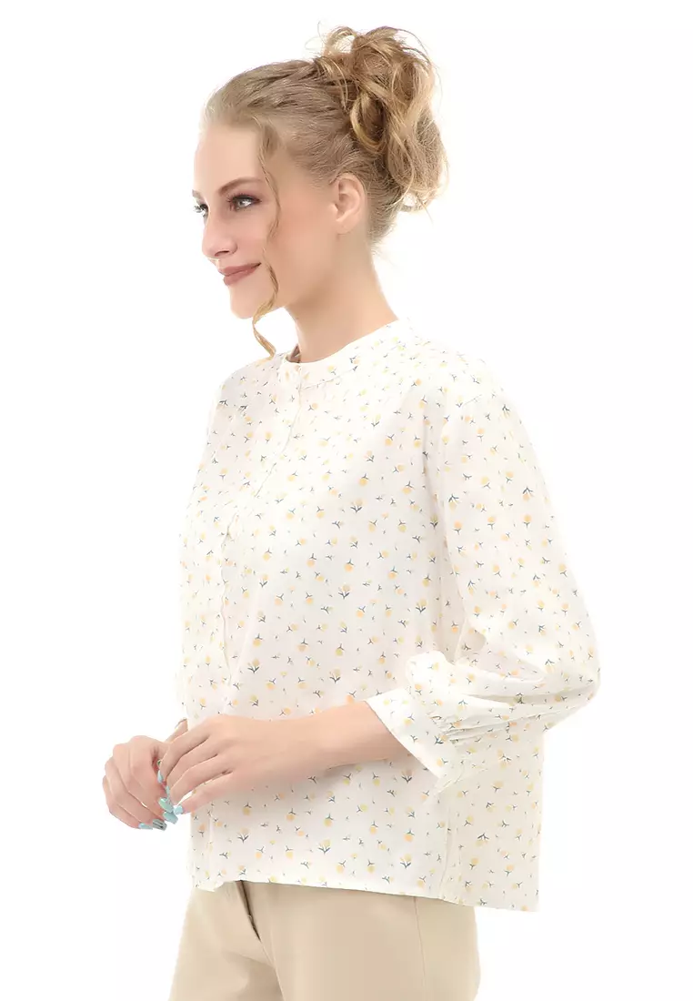 Cheva Blouse Atasan Wanita Kasual Lengan Panjang Motif Bunga Material Chiffon ORIGINAL - White